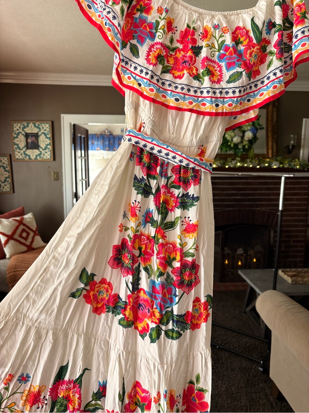 Flying Tomato Cream Off-Shoulder Dress with Multicolor Floral Embroidery